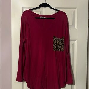 Women's Dark Pink Long Sleeve Top with Leopard Pocket
